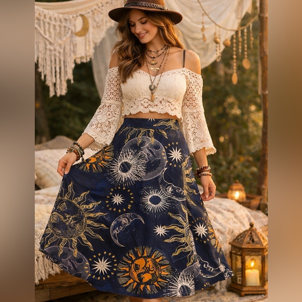 Romwe Navy Blue Celestial Sun & Moon Print A-Line Skirt Size Small